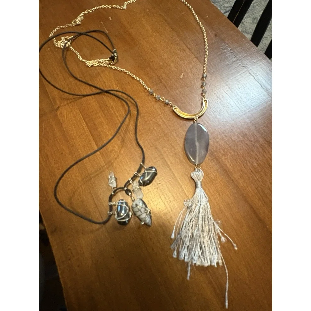 Boho Necklace Set Gray Tassel Wire Wrapped Stone Pendant Layered Jewelry Duo